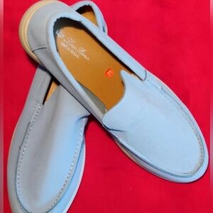 Loro Piana Mens 44 Light Blue Suede Slip On Loafers